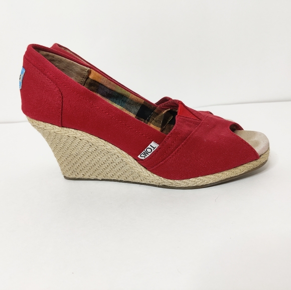 Toms Shoes - TOMS Red Canvas Toe Wedge Espadrille Shoes 6.5